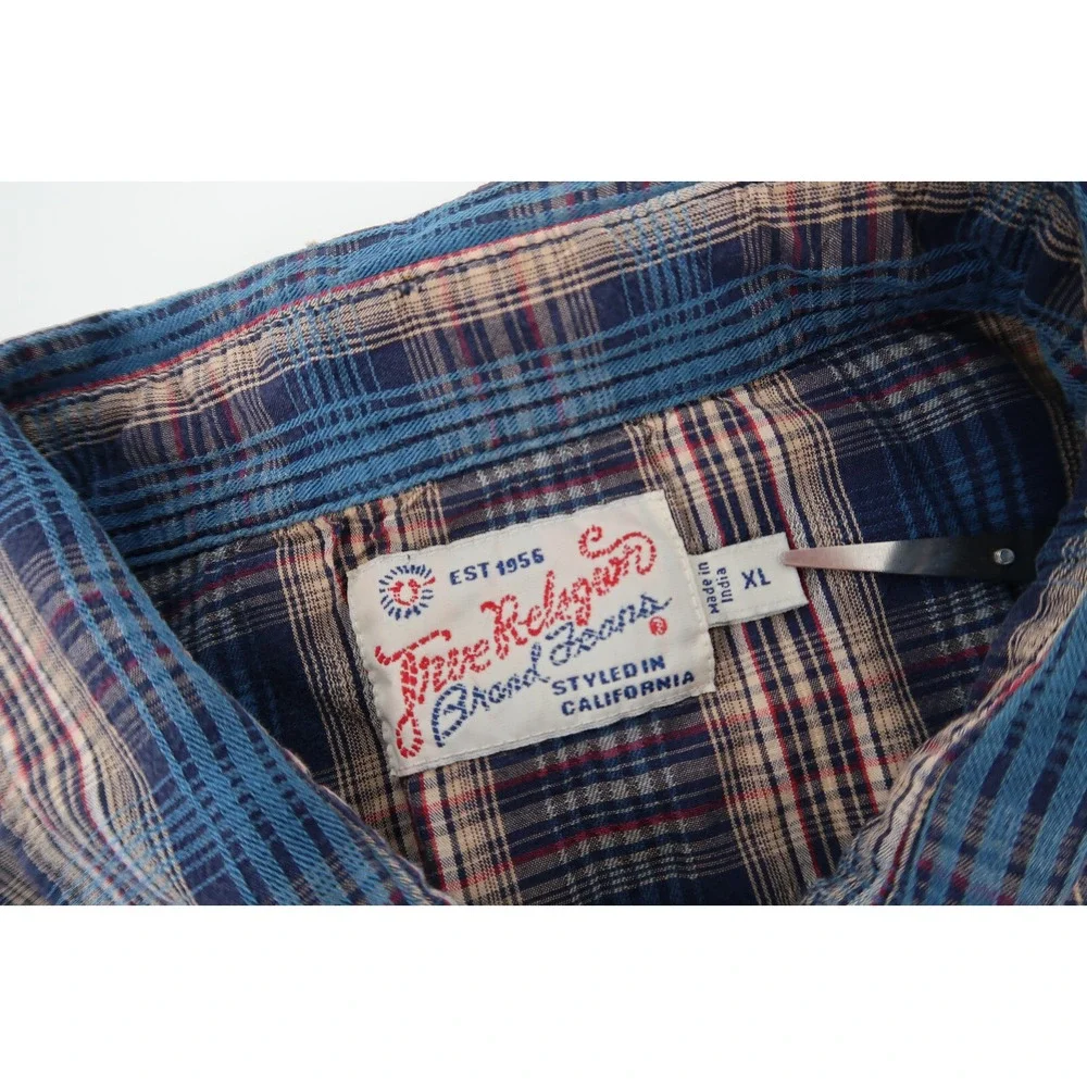 True Religion Men's XL‎ Western Pearl Snap Button Blue Plaid Long Sleeve Shirt